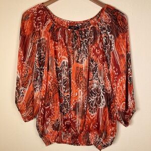 Rafaella Boho Peasant Blouse Orange Abstract Print Semi Sheer Tie Neck Size S
